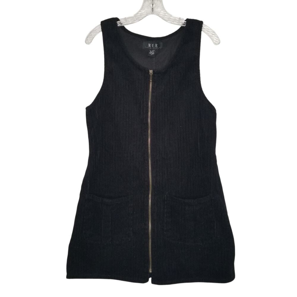 Vintage Y2K Rue 21 Goth Black Corduroy Zip Front Dress Medium Dark Academia